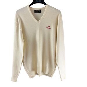 Swingster Suzuki Embroidered V-Neck Vintage Sweater Size XL Cream Red